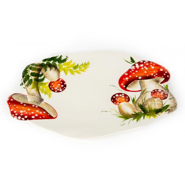 Grote ovale schaal met paddenstoelen rood witte stippen